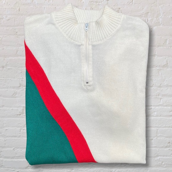 VTG Short Sleeve Sweater Quarter Zip Mock Neck Graphic Print Green and Red - Picture 3 of 8